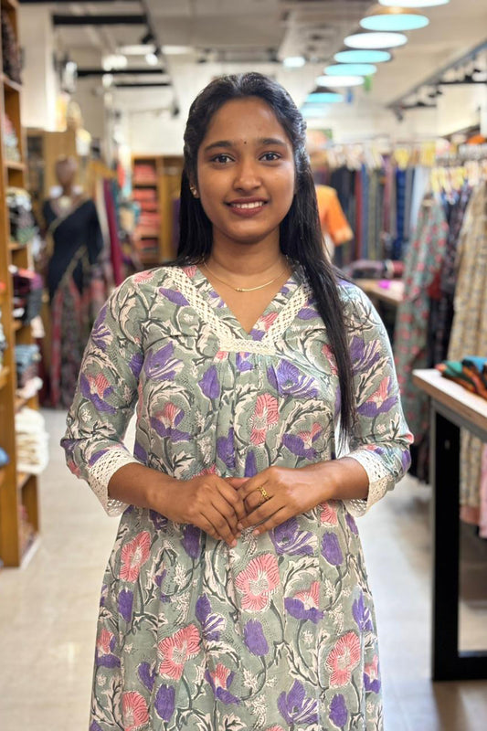 Pastal Green Sanganeri Print A Line Kurti