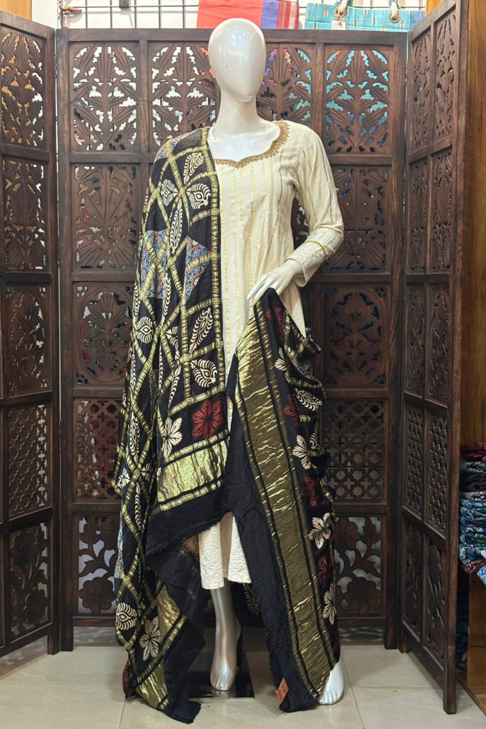 Black Base Gold Check Modal Silk Dupatta
