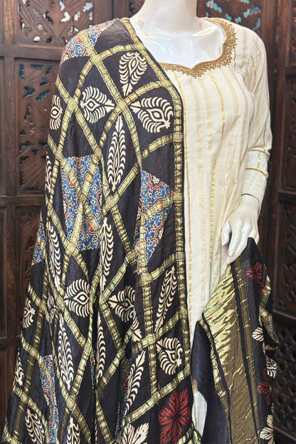 Black Base Gold Check Modal Silk Dupatta