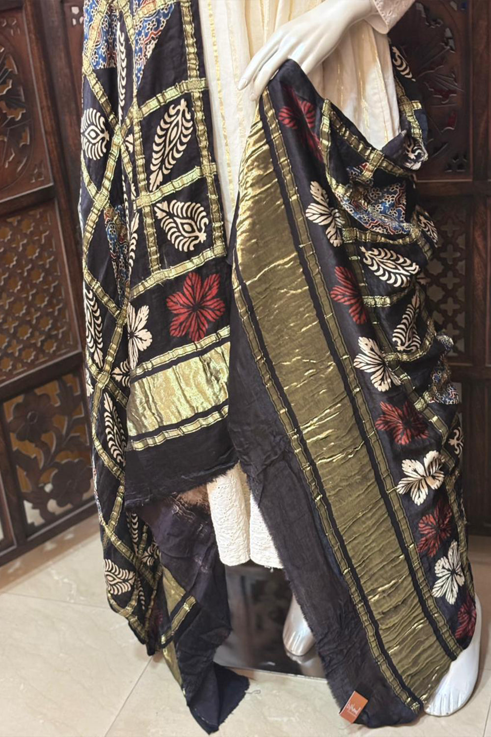 Black Base Gold Check Modal Silk Dupatta
