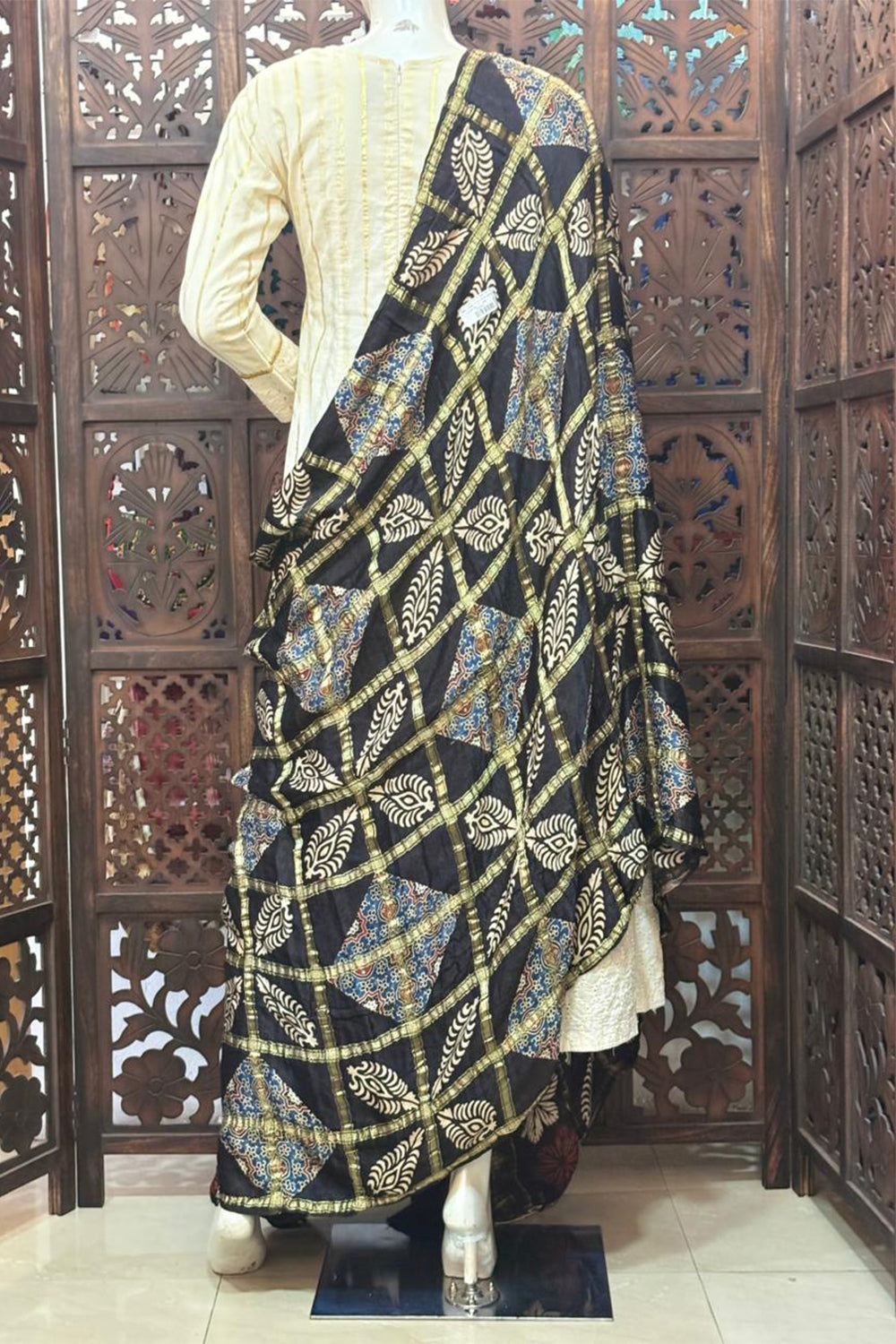 Black Base Gold Check Modal Silk Dupatta