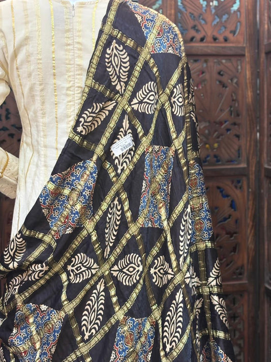 Black Base Gold Check Modal Silk Dupatta