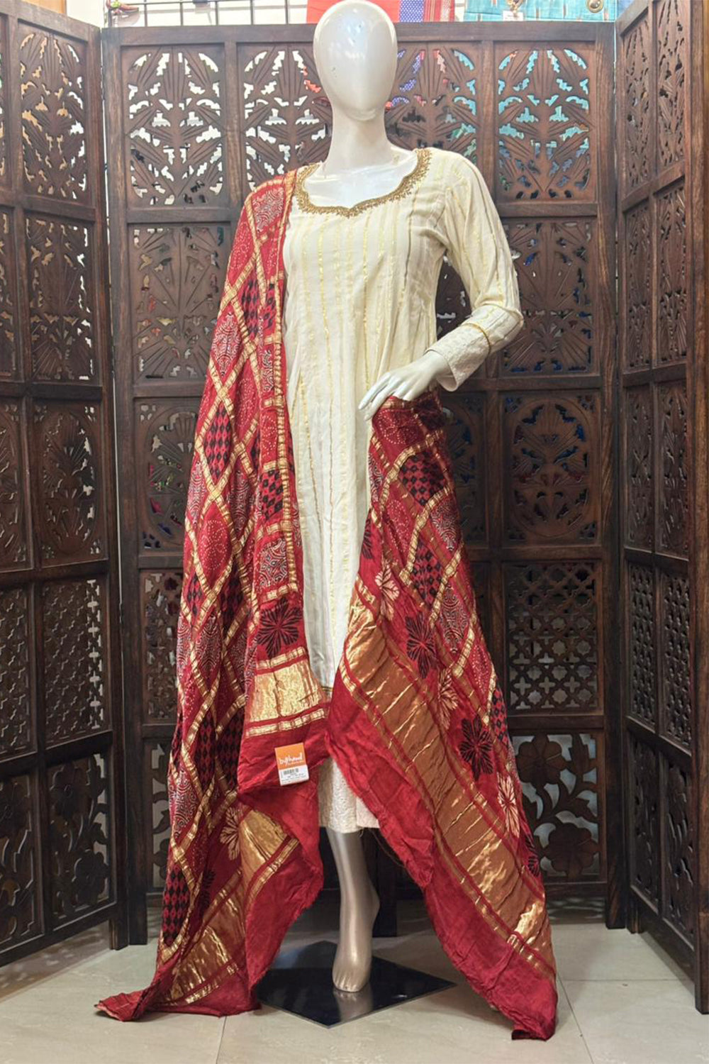 Red Base Gold Check Modal Silk Dupatta