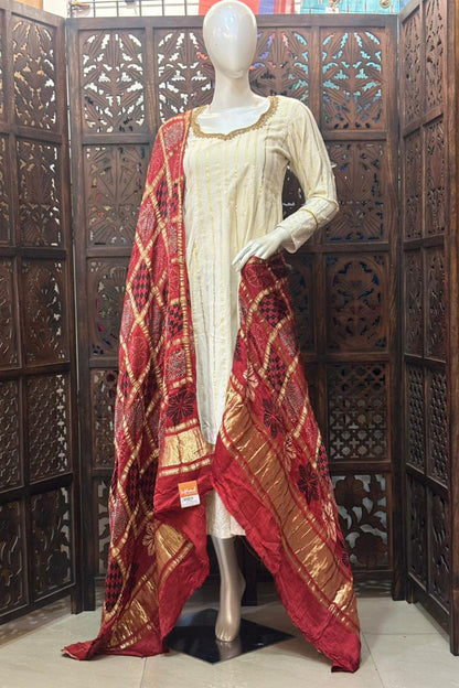 Red Base Gold Check Modal Silk Dupatta