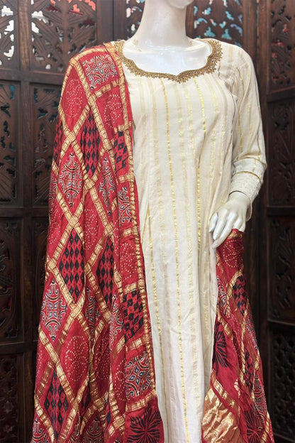 Red Base Gold Check Modal Silk Dupatta