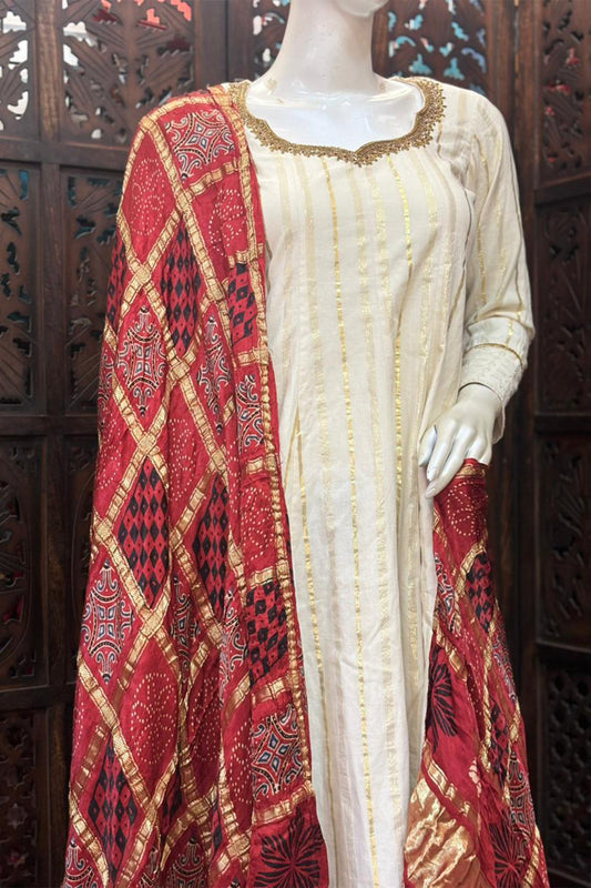 Red Base Gold Check Modal Silk Dupatta