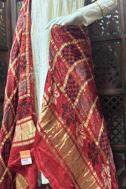 Red Base Gold Check Modal Silk Dupatta
