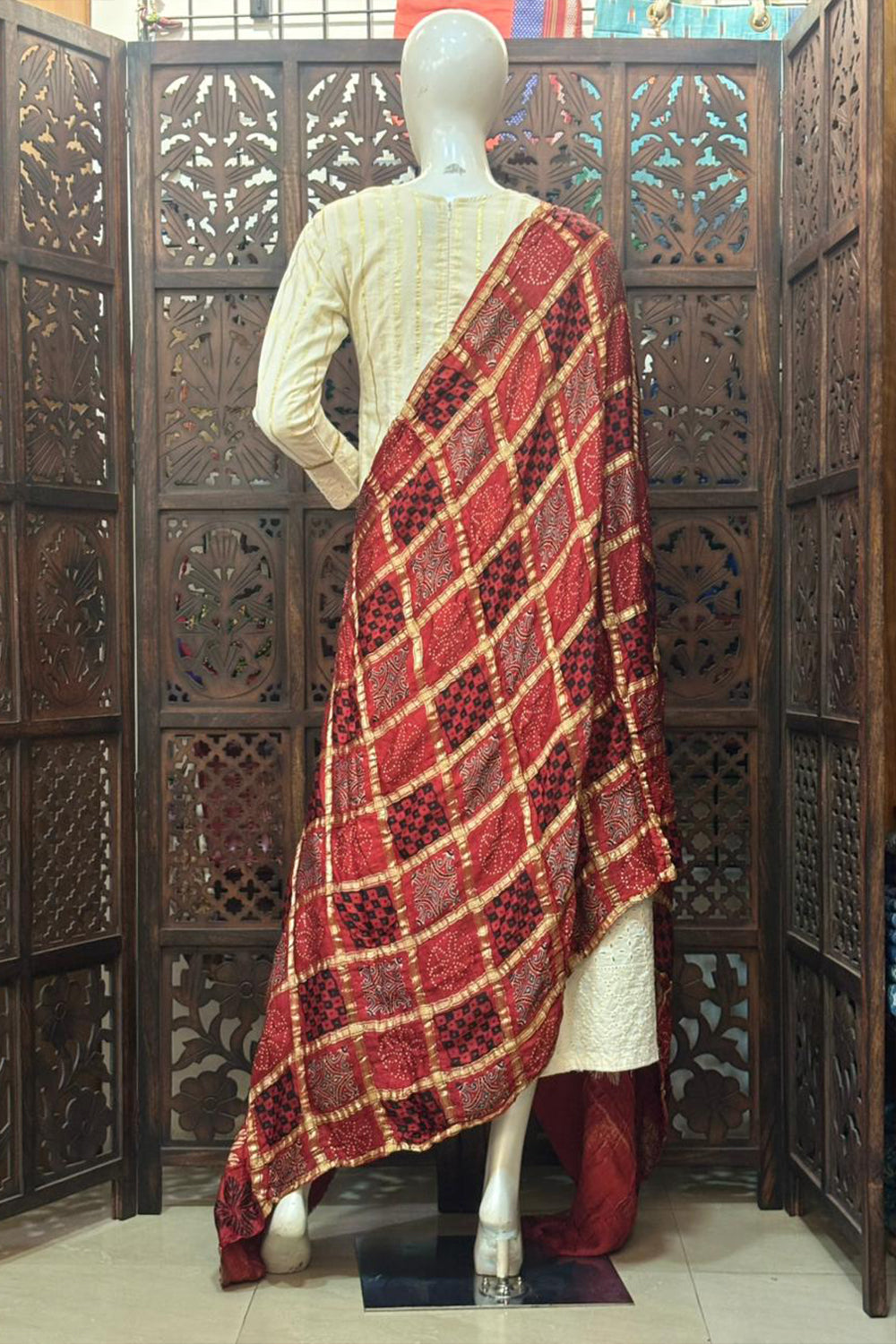 Red Base Gold Check Modal Silk Dupatta