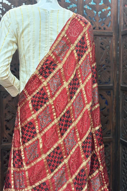 Red Base Gold Check Modal Silk Dupatta