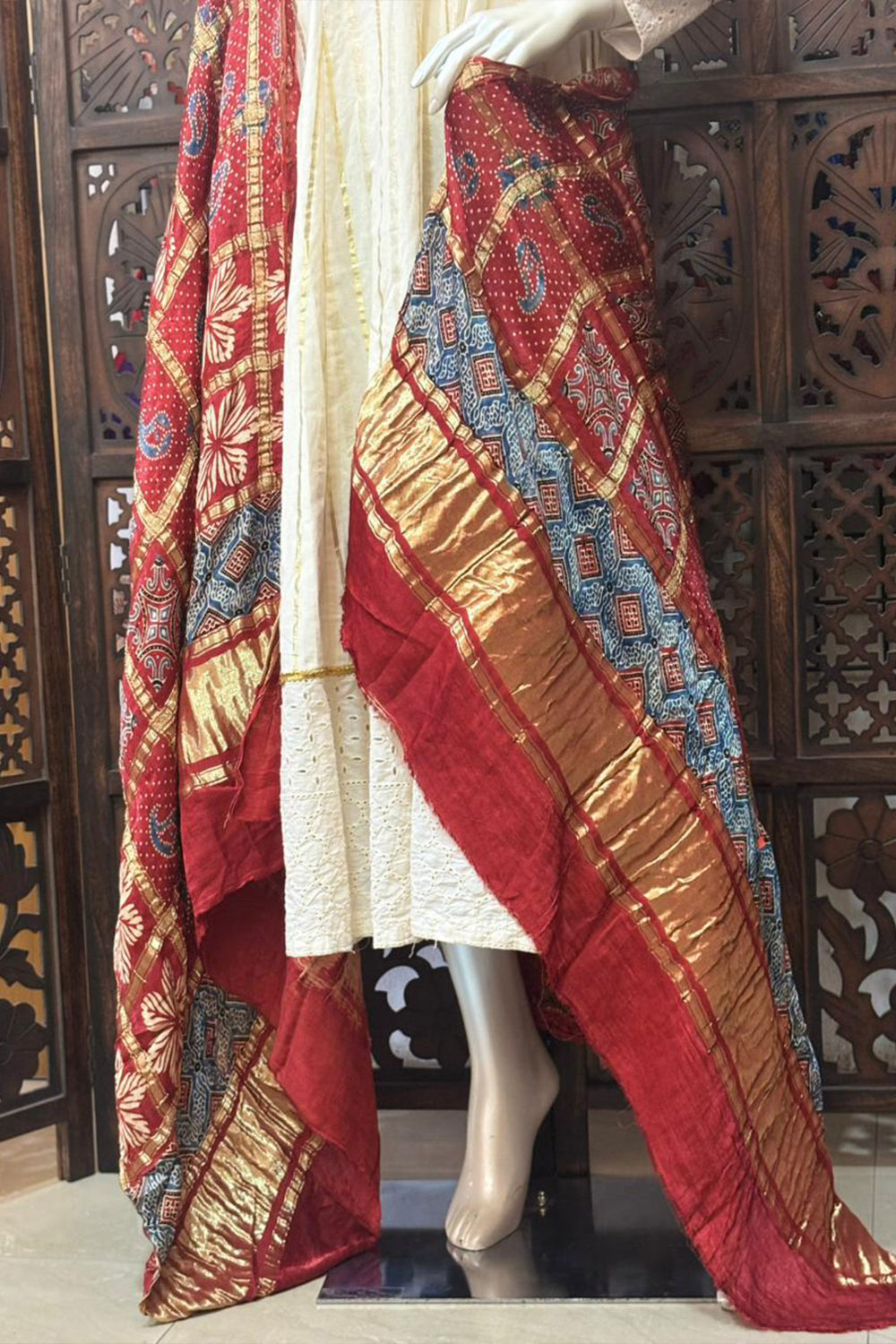 Red Base Gold Check Modal Silk Dupatta