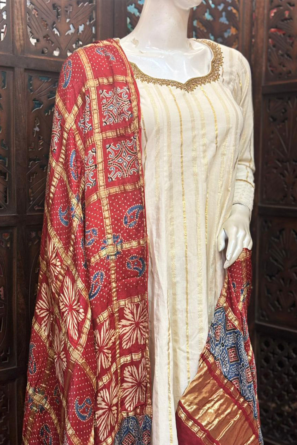 Red Base Gold Check Modal Silk Dupatta