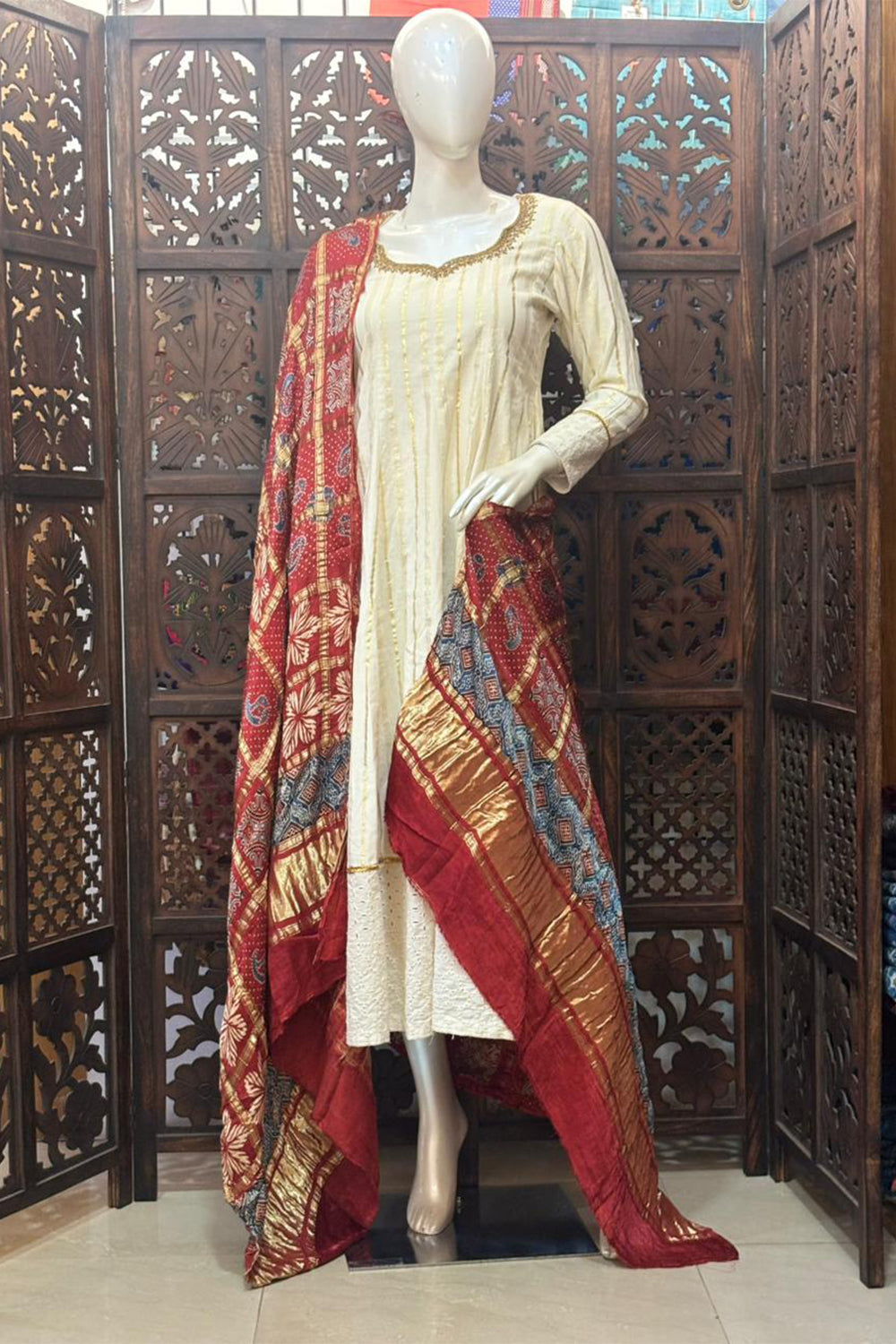 Red Base Gold Check Modal Silk Dupatta
