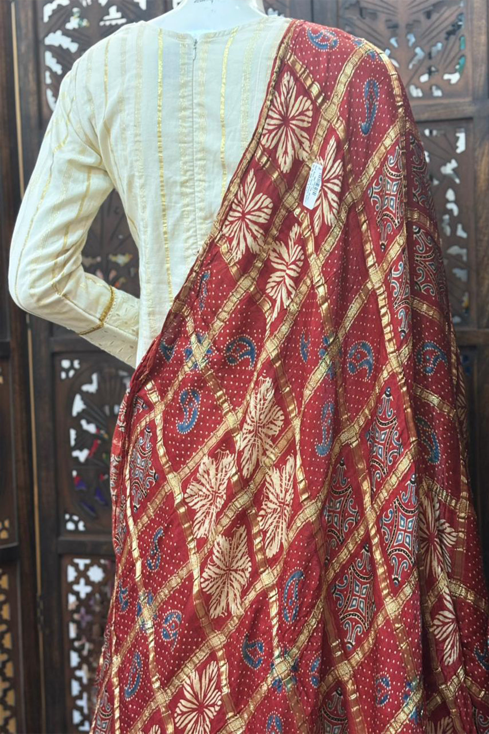 Red Base Gold Check Modal Silk Dupatta