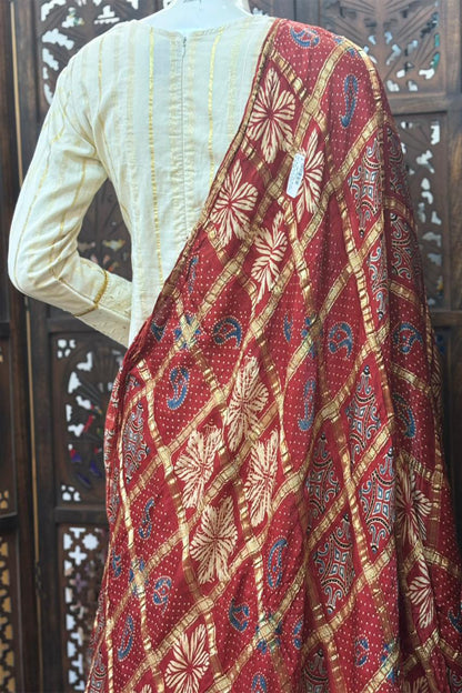 Red Base Gold Check Modal Silk Dupatta