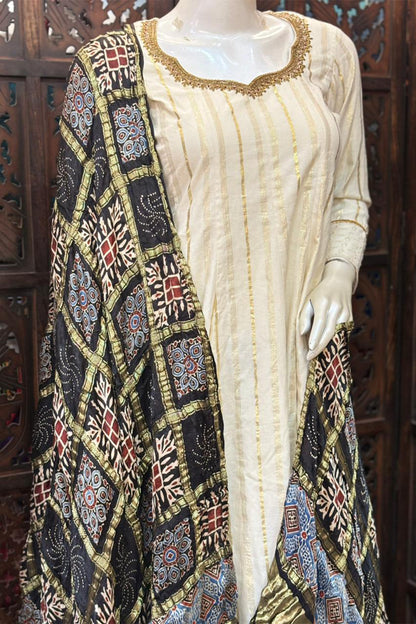 Black Base Gold Check Modal Silk Dupatta