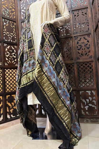 Black Base Gold Check Modal Silk Dupatta