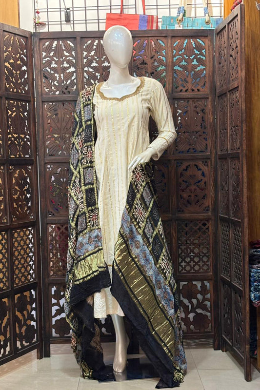 Black Base Gold Check Modal Silk Dupatta
