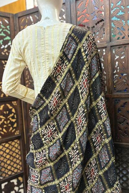 Black Base Gold Check Modal Silk Dupatta