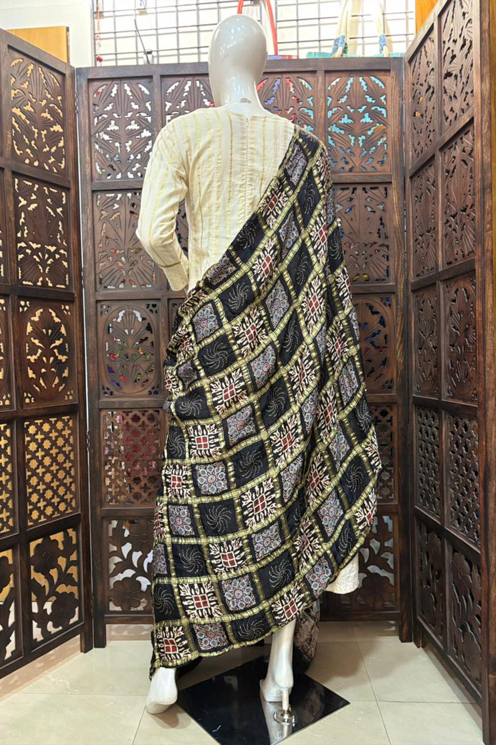 Black Base Gold Check Modal Silk Dupatta