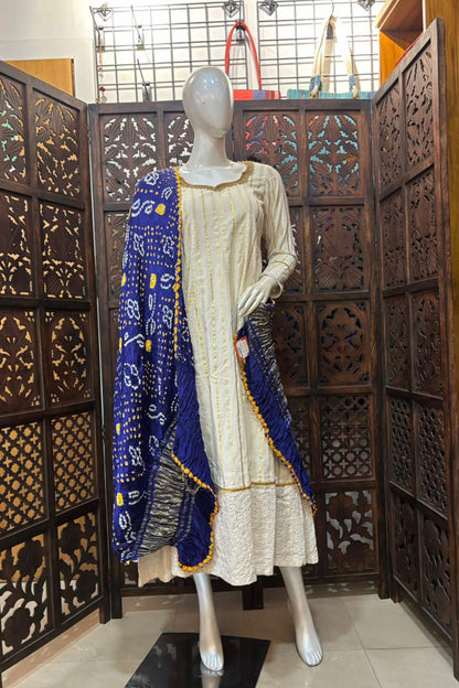 Dark Blue Base Yellow & White Modal Silk Dupatta