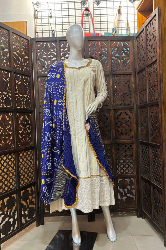 Dark Blue Base Yellow & White Modal Silk Dupatta