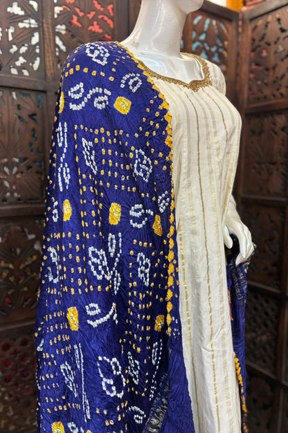 Dark Blue Base Yellow & White Modal Silk Dupatta