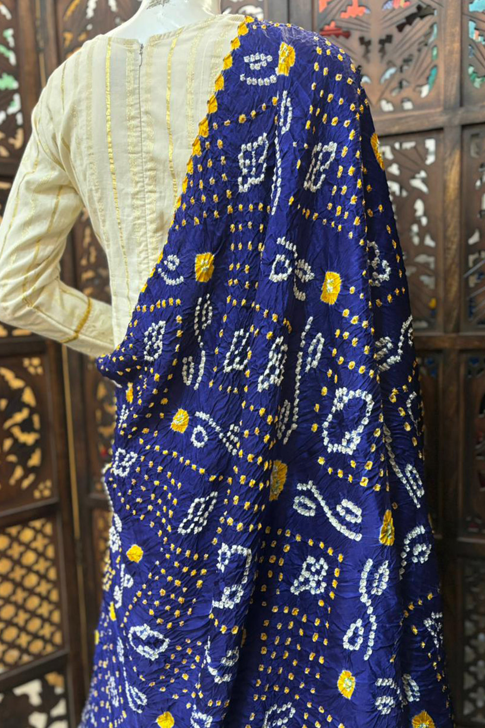 Dark Blue Base Yellow & White Modal Silk Dupatta