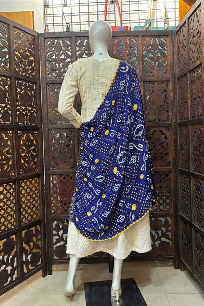 Dark Blue Base Yellow & White Modal Silk Dupatta
