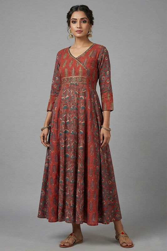 Red Ajrakh 5 Panel Anarkali