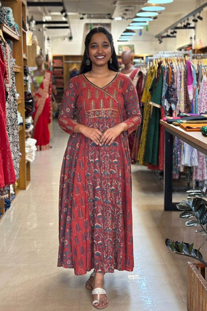 Red Ajrakh 5 Panel Anarkali