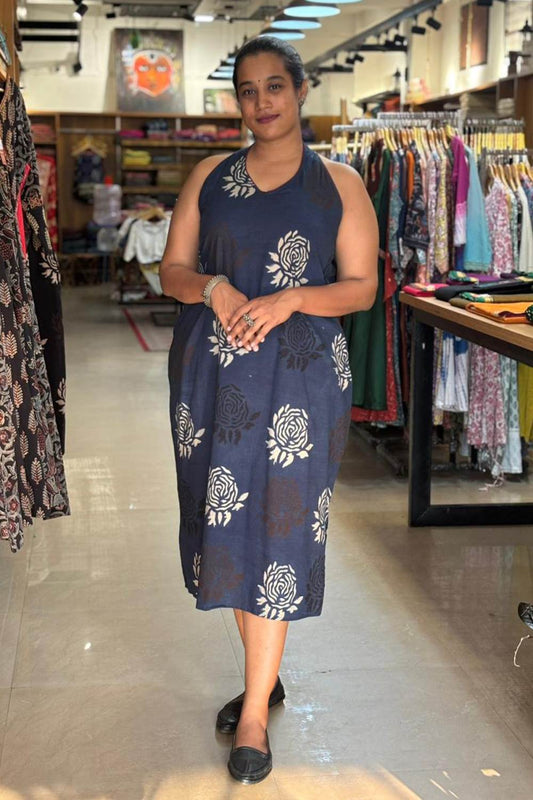 Blue Base Maroon Rose Halter Neck A line Dress