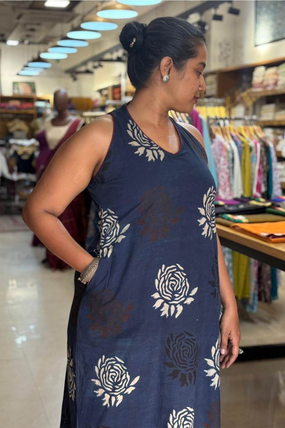 Blue Base Maroon Rose Halter Neck A line Dress