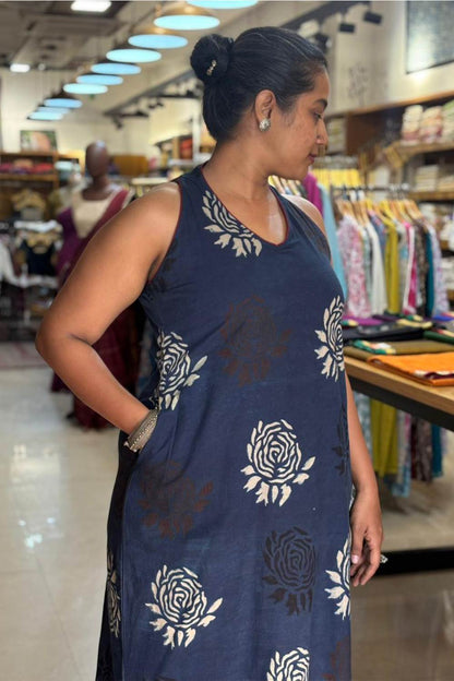 Blue Base Maroon Rose Halter Neck A line Dress