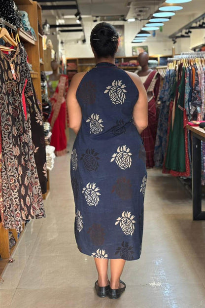 Blue Base Maroon Rose Halter Neck A line Dress