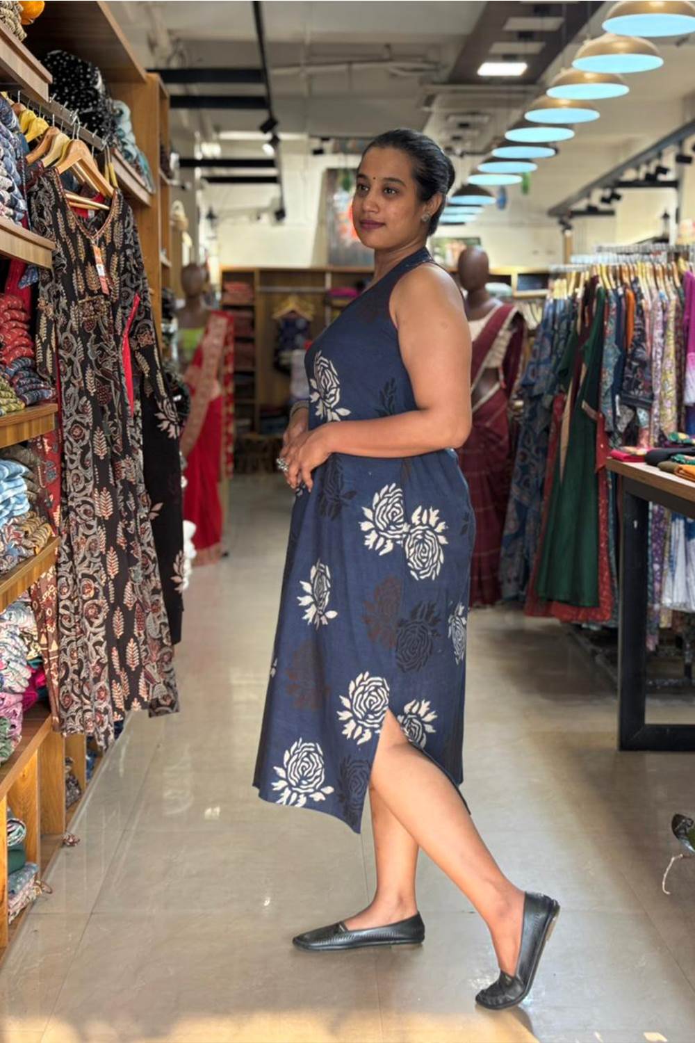 Blue Base Maroon Rose Halter Neck A line Dress