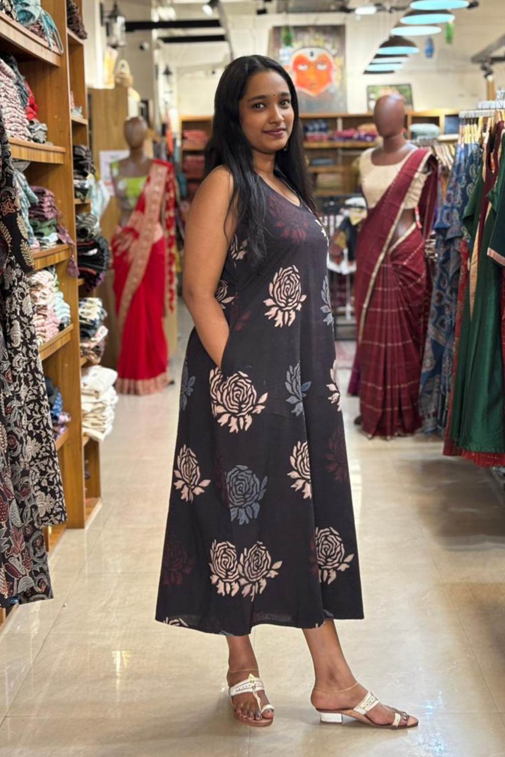 Black Base Blue Rose Halter Neck A line Dress