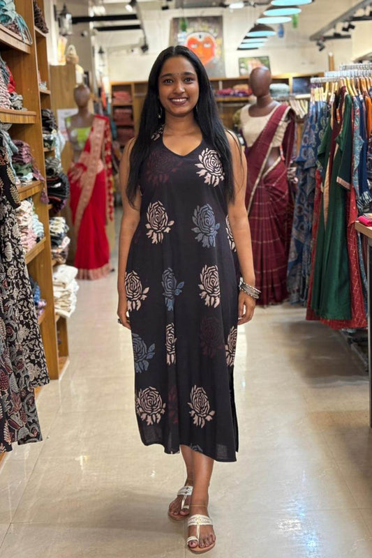 Black Base Blue Rose Halter Neck A line Dress