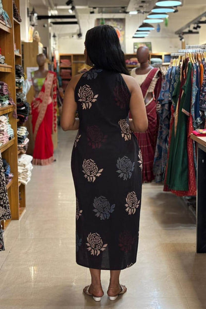 Black Base Blue Rose Halter Neck A line Dress