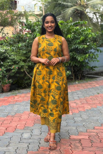 Yellow A Line Lotus & Leaf Print Co-ord Set