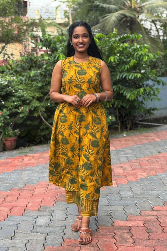 Yellow A Line Lotus & Leaf Print Co-ord Set