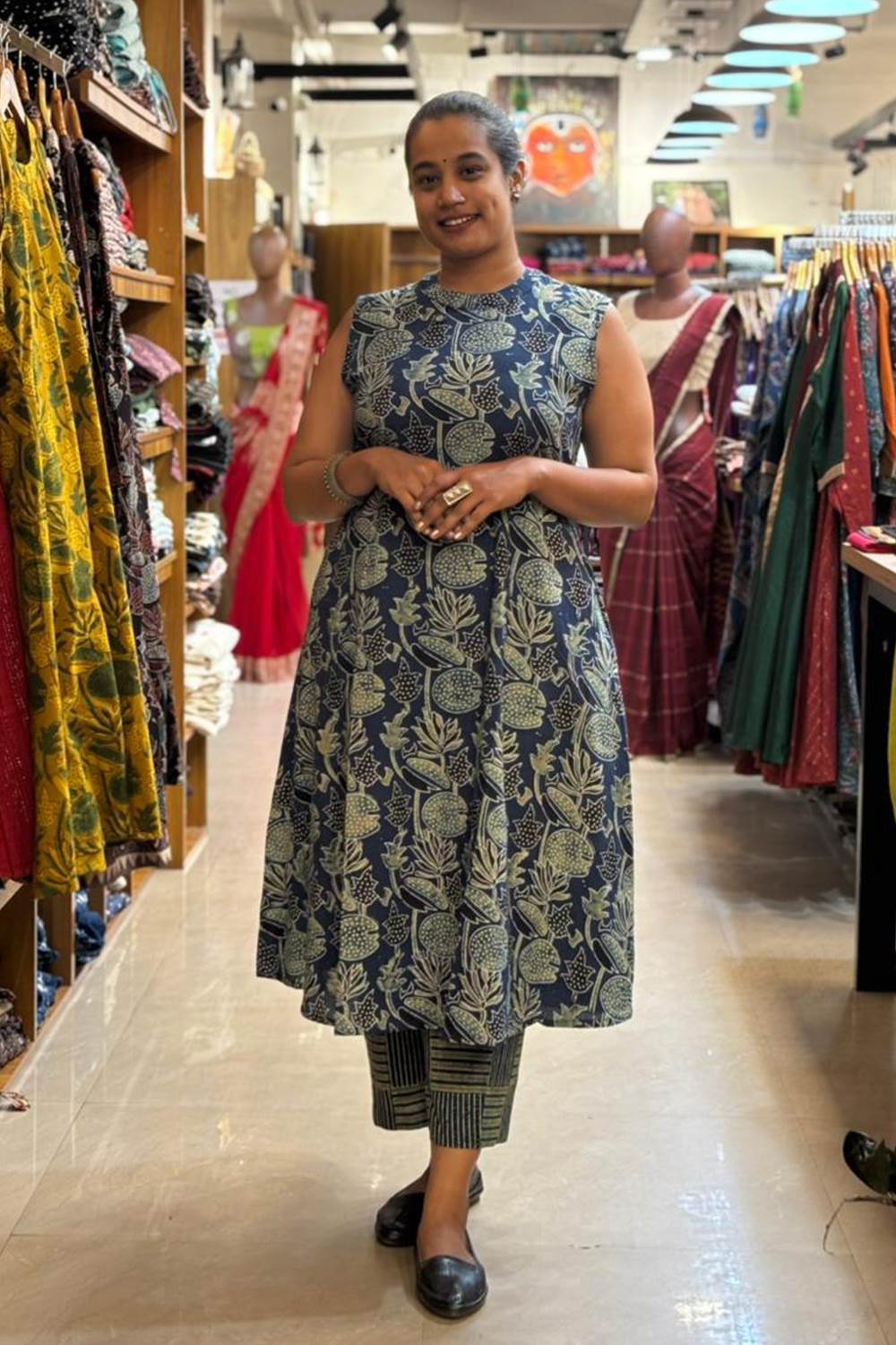 Blue A Line Lotus & Leaf Print Co-ord Set