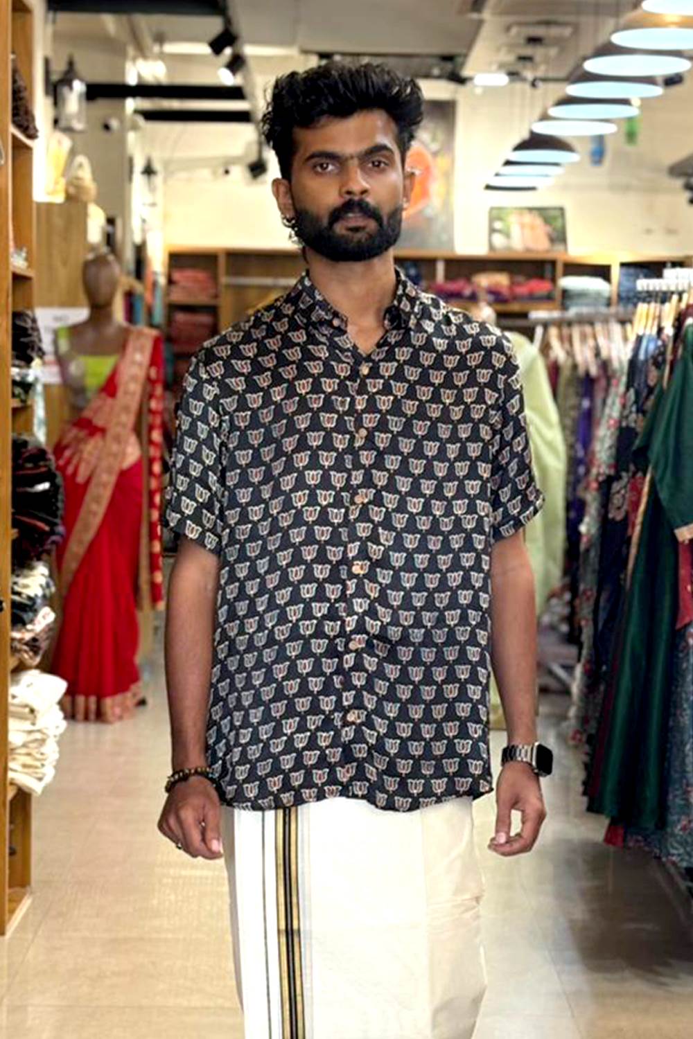 Black Base Lotus Print Shirt