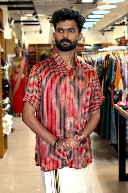 Red Modal Silk with Blue & Black Stripes Shirt