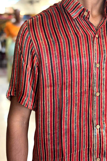 Red Modal Silk with Blue & Black Stripes Shirt
