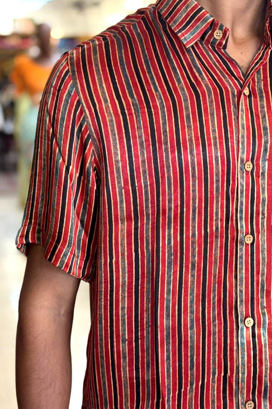 Red Modal Silk with Blue & Black Stripes Shirt