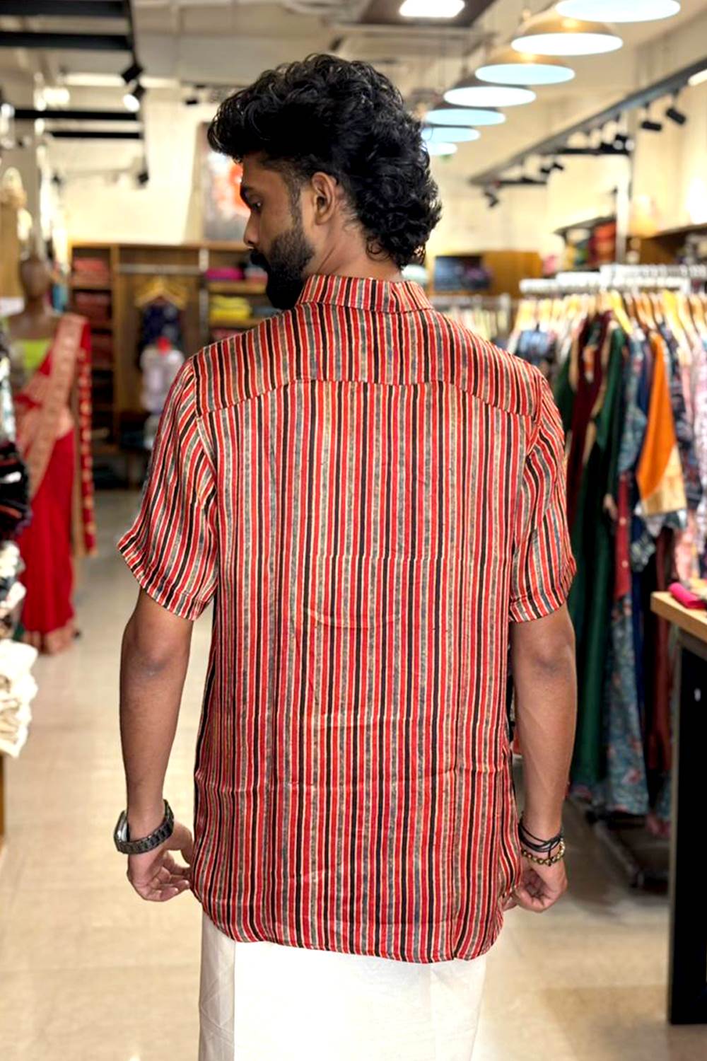 Red Modal Silk with Blue & Black Stripes Shirt