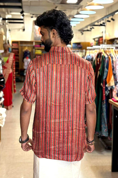 Red Modal Silk with Blue & Black Stripes Shirt