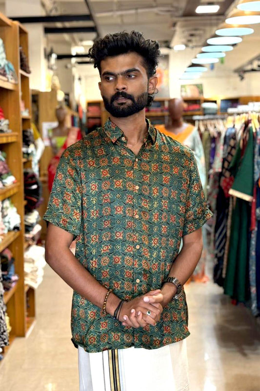Green Modal Silk Red Floral Print Shirt