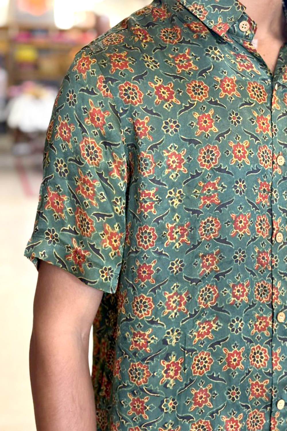 Green Modal Silk Red Floral Print Shirt