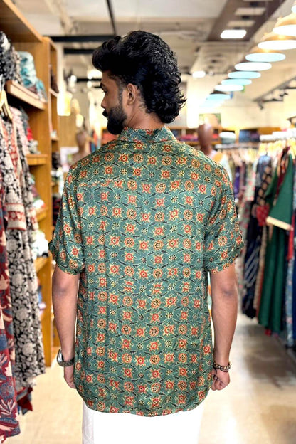 Green Modal Silk Red Floral Print Shirt